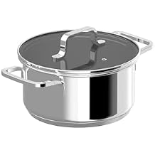 BergHOFF Helix 7.25in Stockpot/Cooking Pot 2.2qt. With Glass Lid Recycled 18/10 Stainless Steel Induction Pot For Stew Soup Steam Fast Heating Oven Safe