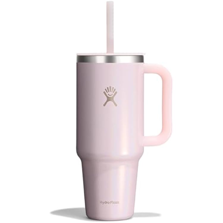 Hydro Flask Travel Tumbler with Handle, Lid and Straw - Insulated Stainless Steel in 40 Oz Glimmer Pink