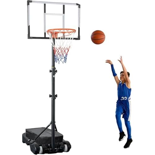 Portable Basketball Hoop, Outdoor 5-10FT Manual CrankHand Pull Adjustable Basketball Goal with 3344 in PC Backboard & Wheels, Basket Ball Portable Hoops Backyard, Driveway 33 in Basketball Hoop