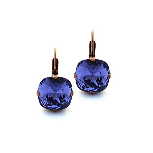 Austrian Crystal Earrings, Tanzanite, 12mm Cushion Cut, Violet Purple Blue, Drops or Studs, Square Or Diamond Shape, Assorted Finishes