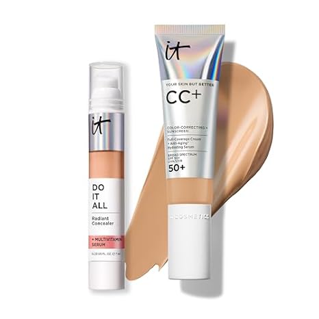 IT Cosmetics CC+ Cream with SPF 50+ Natural Finish Full Coverage Foundation (Neutral Tan - 1.08 fl oz) & Do It All Radiant Concealer Multivitamin Serum Makeup (325 Medium Tan Neutral - 0.2 fl oz)
