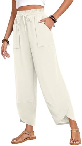 Anyhold Womens Baggy High Waisted Wide Leg Lounge Pants Drawstring Casual Palazzo Pants Trousers with Pockets
