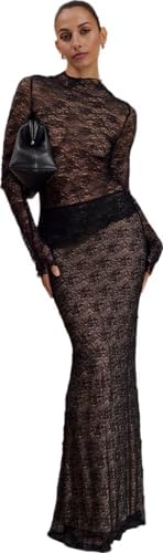 RanRui Womens lace Skirt Set Maxi Dress Sexy lace See-Through mesh Long-Sleeved Base Holiday Blouse Long Skirt Set HY145