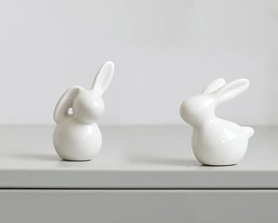 Bunny Jewelry Ring Holder, Decorative Statue Glazed Ceramic White Rabbit Ring Display Stand, Adorable Animal Shape Engagement Rings and Wedding Ring Storage Organizer.
