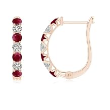 ANGARA Ruby and Diamond Huggie Hoop Earrings in 14K Solid Gold/Platinum | Natural Prong-Set Ruby Hoops for Women | July Birthday, Anniversary, Red Gemstone Jewelry Gift