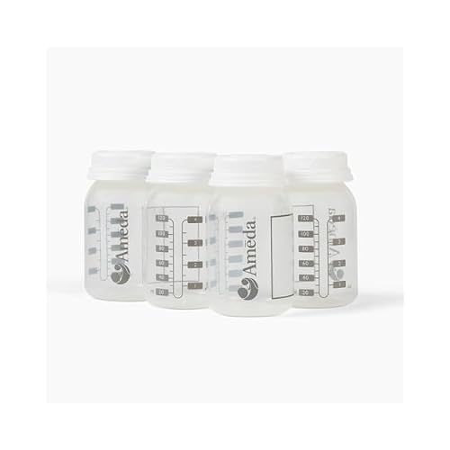 Ameda Breast Milk Storage Bottles Includes: 4 4oz. Bottles with 4 2-Piece Lock-Tight Caps, for Breast Milk Storage, Fits with Ameda Brand Pumps, Finesse & Most Standard Breast Pump Kits