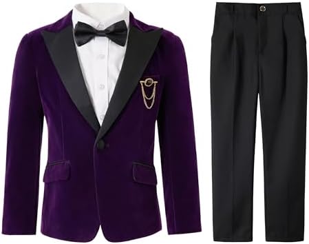 LOLANTA Boys 4 Piece Velvet Suit Formal Tuxedo Kids Slim Fit Blazer Dress Shirt Pants Outfit with Bow Tie