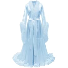 Yexinbridal Feather Fur Robe Long Bridal Silk Satin Lingerie Nightgown Maternity Dress Bathrobe Sleepwear
