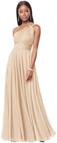 One Shoulder Bridesmaid Dresses for Women A Line Pleated Chiffon Long Formal Wedding Guest Dress with Pockets
