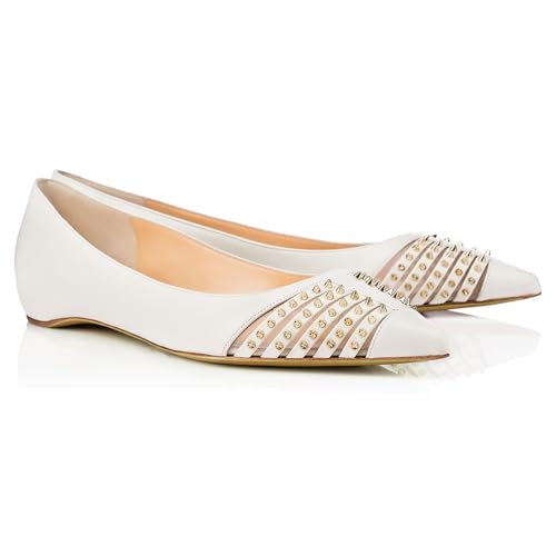 Studded Pointed Toe Ballet Flats Shoes for Womens, Elegant Slip on Walking Party Flats, Comfort Closed Toe Work Wedding Dress Low Heel Rivet Shoes