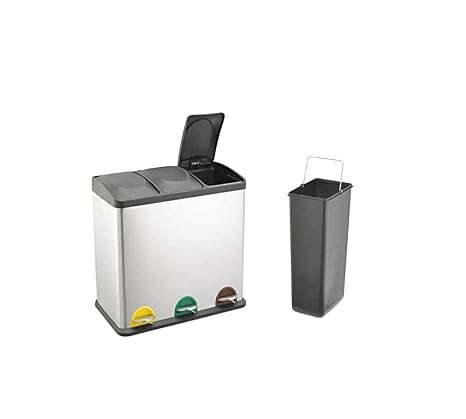 EVRE Stainless Steel Multi Compartment Recycling Bin with Removable Inner Buckets, Odour Seal, Non Slip Base Dustbin for Rubbish Trash Waste Indoor Kitchen Office Home (45L, 3x15L Compartments)