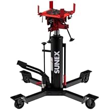 Sunex Tools 7793B 1,000 lb Telescopic Transmission Jack, Hydraulic, Foot Pump Operated, Tilt Saddle with Chain Tie-Down, 74.2 in Max Height