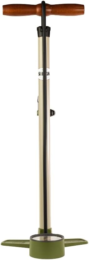 Silca Terra Bicycle Floor Pump | 2-Stage Low Pressure and Pressure Gauge | Presta and Schrader Reversible Lock Chuck | Aluminum and Wood Construction | Max 120psi | Bicycle pump, accuracy within 2%, Presta and Schrader chuck, single foot base, pressure gauge