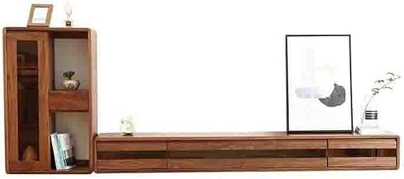 TV Cabinet TV Stand Floating TV Unit Combination for Living Room, Black Walnut Floating TV Stand with Wall Mounted Side Cabinet, 3 Flip-down Doors with Embedded Glass Living Room Cabinet(200x25x21cm)