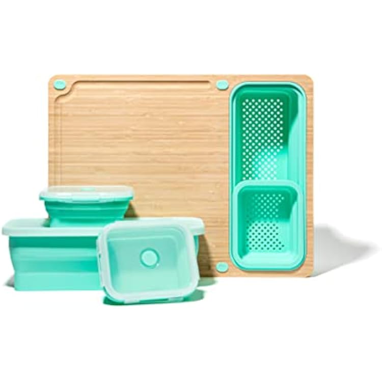 TidyBoard Meal Prep System - Bamboo Cutting Board - The Quick & Easy Meal Prep Solution, Teal