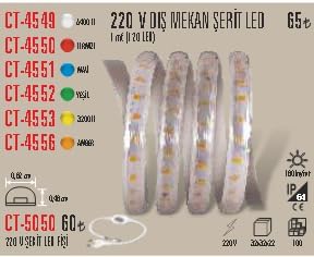 CT-4556 220V Dış Mekan Şerit LED, Amber Renk, 5 Metre, Güç Kaynağı 220V