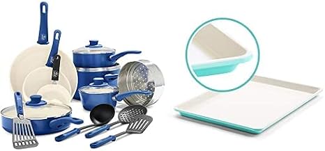 GreenLife Soft Grip Healthy Ceramic Nonstick, Cookware Pots and Pans Set, 16 Piece, Blue & Bakeware Healthy Ceramic Nonstick, Cookie Sheet, 18" x 13", Turquoise