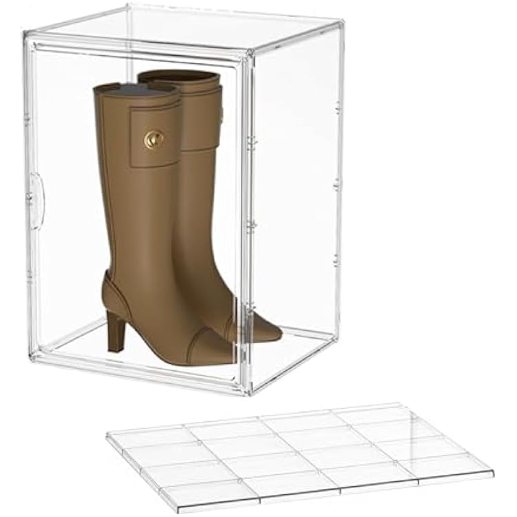 Attelite -Large Clear Display Case Stackable Plastic Storage Bins with Lid, 2 Tiers Boot Shoe Box Organizers with an Adjustable Divider, Big Acrylic Display Storage Box with Magnetic Door