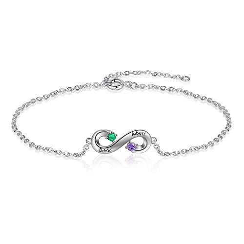 JewelOra Personalized Infinity Bracelets for Women Custom Infinity Name Bracelets Link with 2 Simulated Birthstone Adjustable Chain Charm for Mom Wife Girlfriend Jewelry Gift for Mothers Day