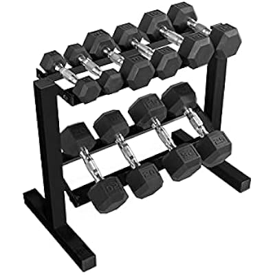 WF Athletic Supply 5-25Lb Rubber Coated Hex Dumbbell Set with Two Tier Storage Rack Non-Slip Hex Shape for Muscle Toning, Strength Building & Weight Loss - Multiple Choices Available