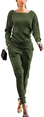 LKOUS 2 Piece Outfits for Women Soild Color Long Sleeve Knit Pullover Top and High Waisted Pants Set Jumpsuits Clubwear