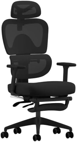 MUSSO E600 SE Ergonomic Office Chair with Footrest, Lumbar Support, Black | Fits 155-178 cm; 3-level back support; adjustable headrest; 3D armrests; 5 cm seat depth; breathable mesh; 90-125° recline