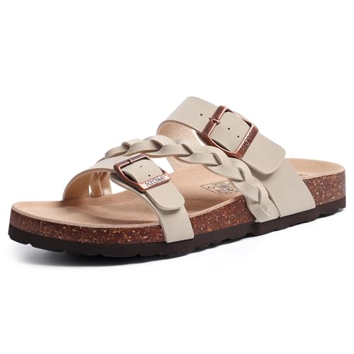KIDMI Womens Cork Footbed Sandals with Arch Support Comfortable Slip-On Slide Sandals With Adjustable Buckle for Summer