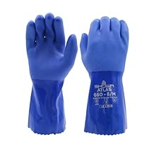 SHOWA Atlas 660 Triple-Dipped PVC Chemical Resistant Gloves, Heavy-Duty Gloves, Rough Finish Grip, Seamless Cotton Liner, 12" Length, Blue, Large, 12-Pack