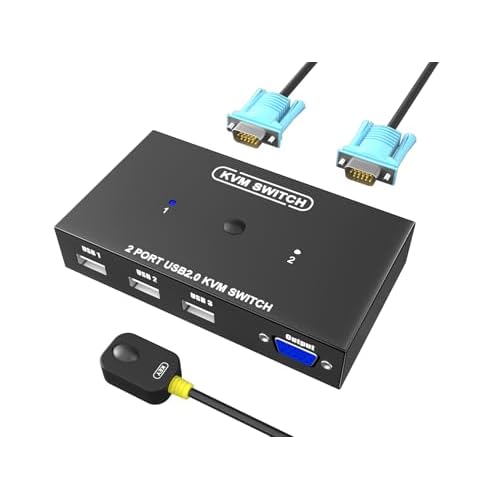 KVM Switch VGA 2 Port - VGA KVM Switch for 2 Computers Share 1 Monitor & 3 USB 2.0 Devices,Keyboard Mouse Scanner Printer,U Disk, Driver-Free for All OS,2 KVM Cables 1 Desktop Controller Included