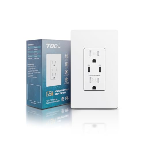 TOPELER PD USB Wall Outlet, 65W GaN Charger Receptacles for MacBook, 15A Duplex Tamper-Resistant Electrical Outlet with USB-C Ports, Screwless Wall Plate Included, ETL & FCC Listed, White