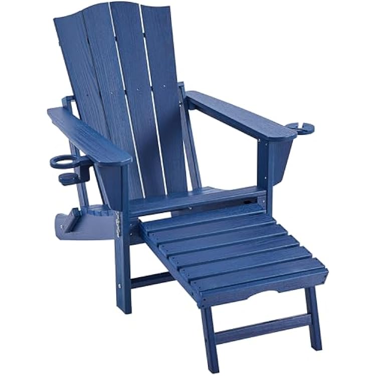 Yaheetech Adirondack Chair with Retractable Ottoman, All Weather Patio Folding Fire Pit Chair with Cup Holder and Phone Holder for Outdoor Poolside, Navy Blue