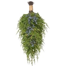 20" Christmas Artificial Juniper Swag Blueberries Teardrop Front Door Decoration Pine Cedar Real Touch Xmas Faux Evergreen Juniper Swag with Hanging Ring for Windows Wall Stair Outdoor Decor