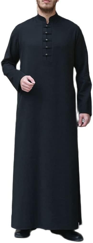 Men's Muslim Dresses Long Sleeves Saudi Arab Thobe Middle East Long Gown Islamic Dubai Robe Kaftan Costume (Color : Black, Size : Medium)