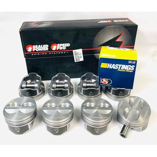 bundled set of 8 .040 over Hypereutectic Flat Top 4 Valve relief Pistons and matching Moly Rings compatible with 1968-85 Chevy 350 small blocks.