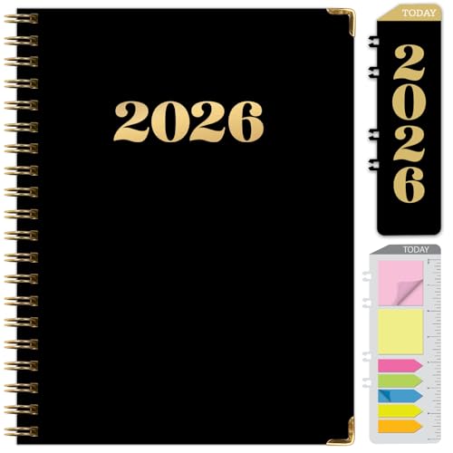 HARDCOVER 2026 Planner, 8.5x11: 14 Months November 2025 - December 2026, Daily Weekly Monthly Planner, Yearly Agenda, Bookmark, Pocket Folder and Sticky Note Set Black Gold Numbers