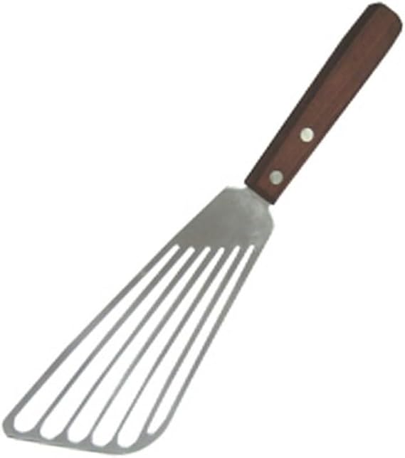 Winco Fish Stainless Steel Commercial Spatula | Dishwasher safe, Slotted design for efficient drainage, Wooden handle for comfortable grip, Great for Eggs and Kitchen Prep