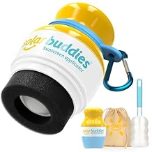 Solar Buddies Grab & Go Travel Bundle, Carabina Clip & Cleaning Brush - Single Blue - Refillable Roll on Sponge Sunscreen, Suncream & Lotion Applicator For Kids, Adults & Families - Holds 100ml