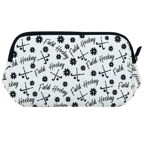 Sportybella Field Hockey Makeup Bag Waterproof Travel Toiletry & Cosmetic Pouch for Players, Coaches & Fans Field Hockey Stick Design, Great Gift for Women & Girls BlackWhite