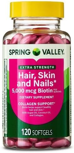 Spring Valley Extra Strength Hair Skin & Nails Collagen Support Softgels, 5000 mcg Biotin, 120 Count