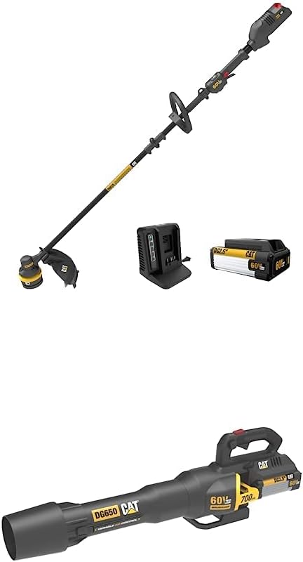 Cat 60V 15 Brushless String Trimmer Cordless w/Dual Line Bump Feed Head, Weed Trimmer + Brushless Leaf Blower 700 CFM 135 MPH Variable Air Control DG610 DG650.9 Battery & Charger Included