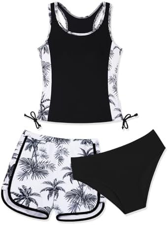 Girls 3 Piece Bathing Suit Summer Racerback Top Bikini Swimsuit with Shorts Beach Tankini Sets