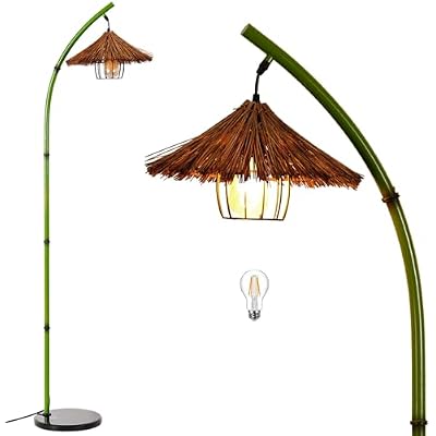 beaysyty Bamboo Floor lamp Mid Century Rattan Retro Floor lamp Bohemian,Arc Floor Lamps for Living Room Tall Reading Lamps Antique Rattan Style for Bedroom Dining Room Farmhouse Study Green