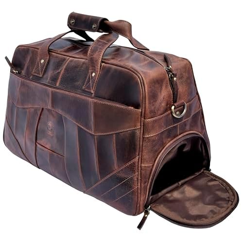 Leather Duffle Bag for Men - Travel Overnight Weekender Bag with 2 Shoe Compartment - Airplane Underseat Carry On Duffel Bag