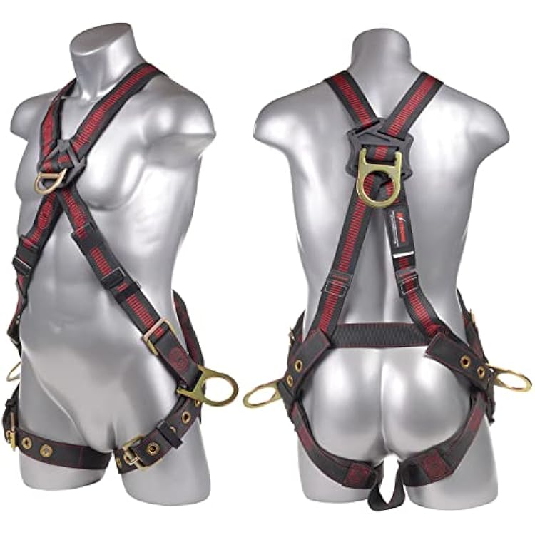 KStrong UFH10251G Kapture Elite Climbing 5-Point Full Body Safety Harness Fall Protection with 4 D-Rings and Tongue Buckle Legs, ANSI Compliant, M-L, RedBlack