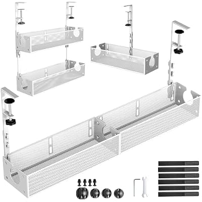 Multi-Model Under Desk Cable Management 2 Pack Metal Under Desk Wire Management Tray Clamp Mount Under Table Cord Management No Damage The Desk White
