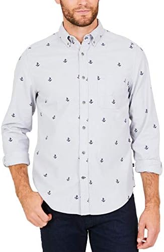 Nautica Mens Anchor Print Corduroy Button Up Shirt, Grey X-Large