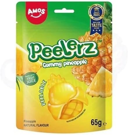 Amos Peelerzz Peelable Gummy Fruits Natural Flavoured Sweets Candy Resealable 65g (Pineapple)