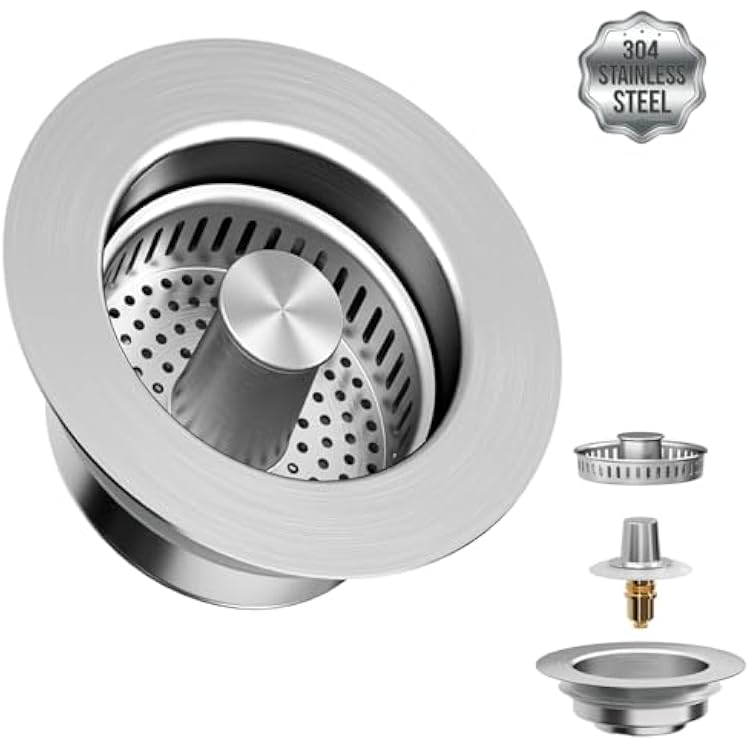 Kitchen Sink Drain Strainer and Sink Stopper3 in 1, Upgraded Stainless Steel Drain BasketBrass Pop-Up Bounce CoreDouble Seal Sink Drain Stopper, Replacement for Standard 3-12 inch Drain