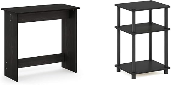 Furinno Simplistic Study Table, Espresso & Just 3-Tier Turn-N-Tube End Table/Side Table/Night Stand/Bedside Table with Plastic Poles, 1-Pack, Americano/Black