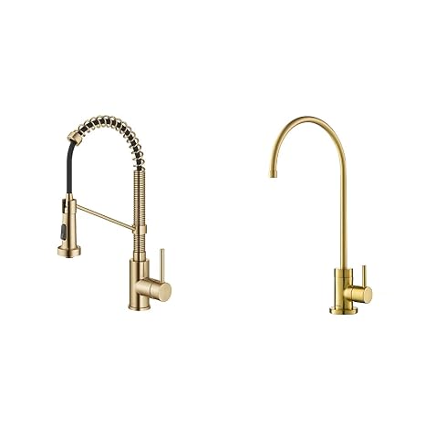 KRAUS Bolden Commercial Style Pull-Down Single Handle 18-Inch Kitchen Faucet in Brushed Brass, KPF-1610BB & Purita 100% Lead-Free Kitchen Water Filter Faucet in Brushed Brass, FF-100BB